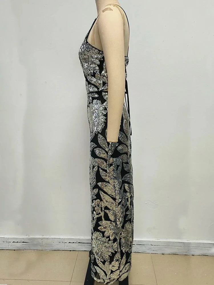 Women's Summer New Casual O-Neck Dress Sexy Skirt Hem Slit Hollow Backless Lace-up Fashion Sequins Loose Dress Evening Party