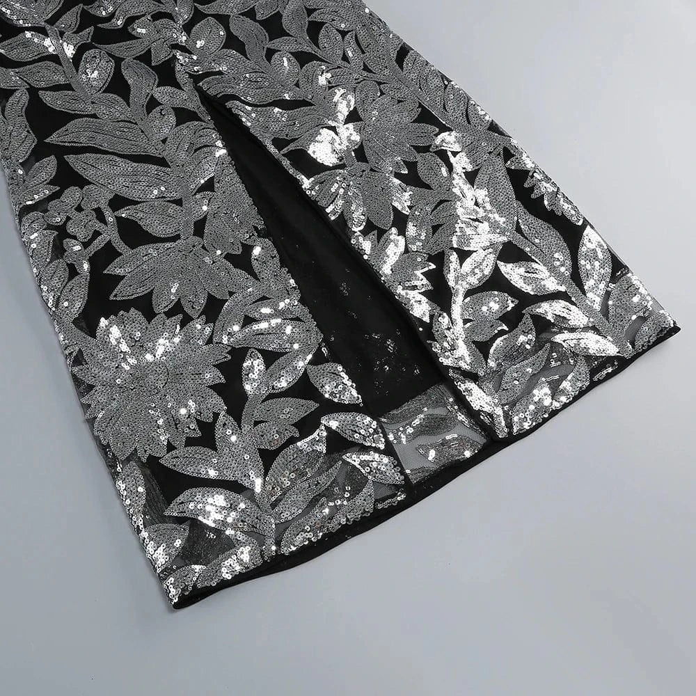 Women's Summer New Casual O-Neck Dress Sexy Skirt Hem Slit Hollow Backless Lace-up Fashion Sequins Loose Dress Evening Party