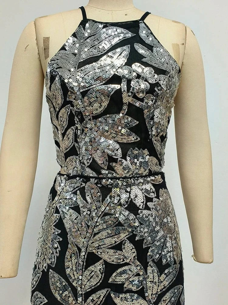 Women's Summer New Casual O-Neck Dress Sexy Skirt Hem Slit Hollow Backless Lace-up Fashion Sequins Loose Dress Evening Party