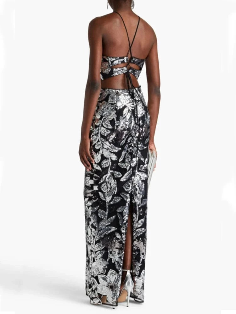 Women's Summer New Casual O-Neck Dress Sexy Skirt Hem Slit Hollow Backless Lace-up Fashion Sequins Loose Dress Evening Party