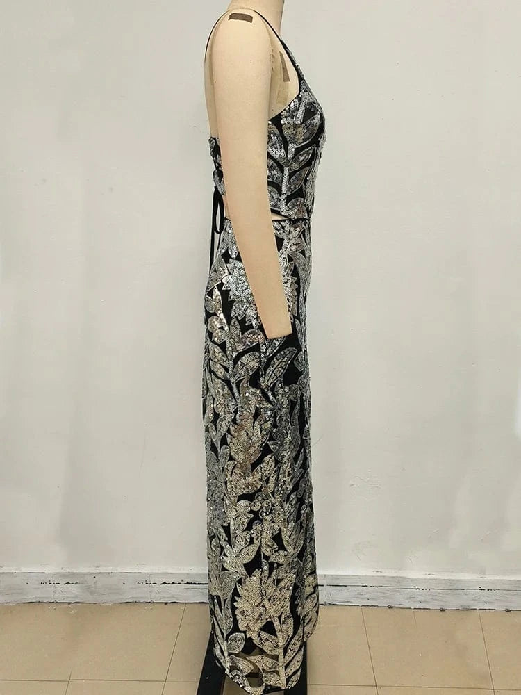 Women's Summer New Casual O-Neck Dress Sexy Skirt Hem Slit Hollow Backless Lace-up Fashion Sequins Loose Dress Evening Party