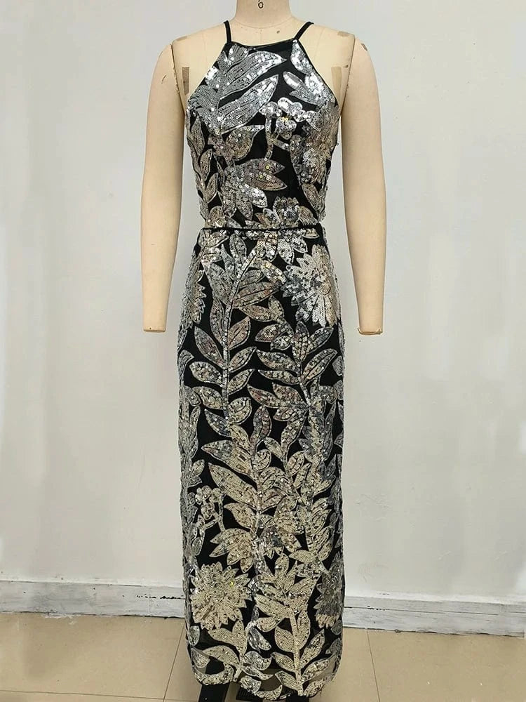 Women's Summer New Casual O-Neck Dress Sexy Skirt Hem Slit Hollow Backless Lace-up Fashion Sequins Loose Dress Evening Party