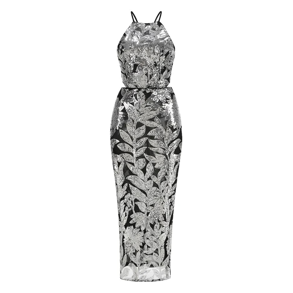 Women's Summer New Casual O-Neck Dress Sexy Skirt Hem Slit Hollow Backless Lace-up Fashion Sequins Loose Dress Evening Party