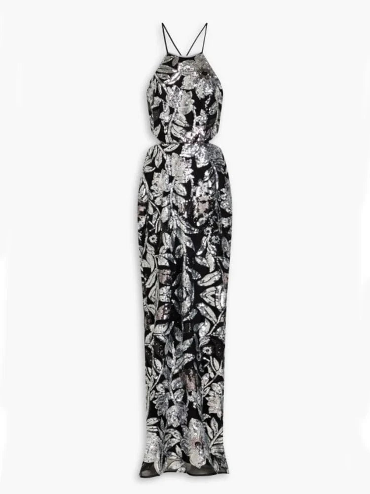 Women's Summer New Casual O-Neck Dress Sexy Skirt Hem Slit Hollow Backless Lace-up Fashion Sequins Loose Dress Evening Party