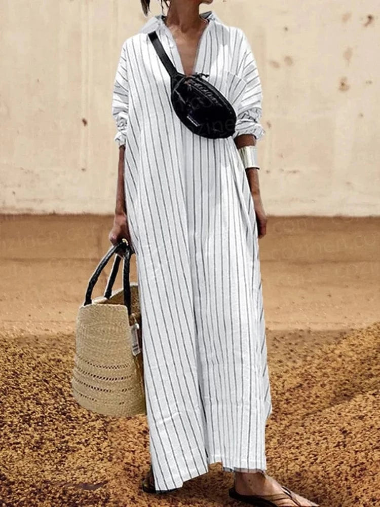 Women's summer New V-neck Fashionable Button Striped Round Neck Long Sleeved Simple Loose Long Sleeved Pullover Dress