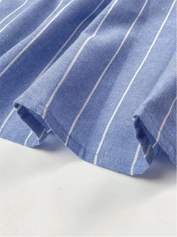 Women's summer New V-neck Fashionable Button Striped Round Neck Long Sleeved Simple Loose Long Sleeved Pullover Dress