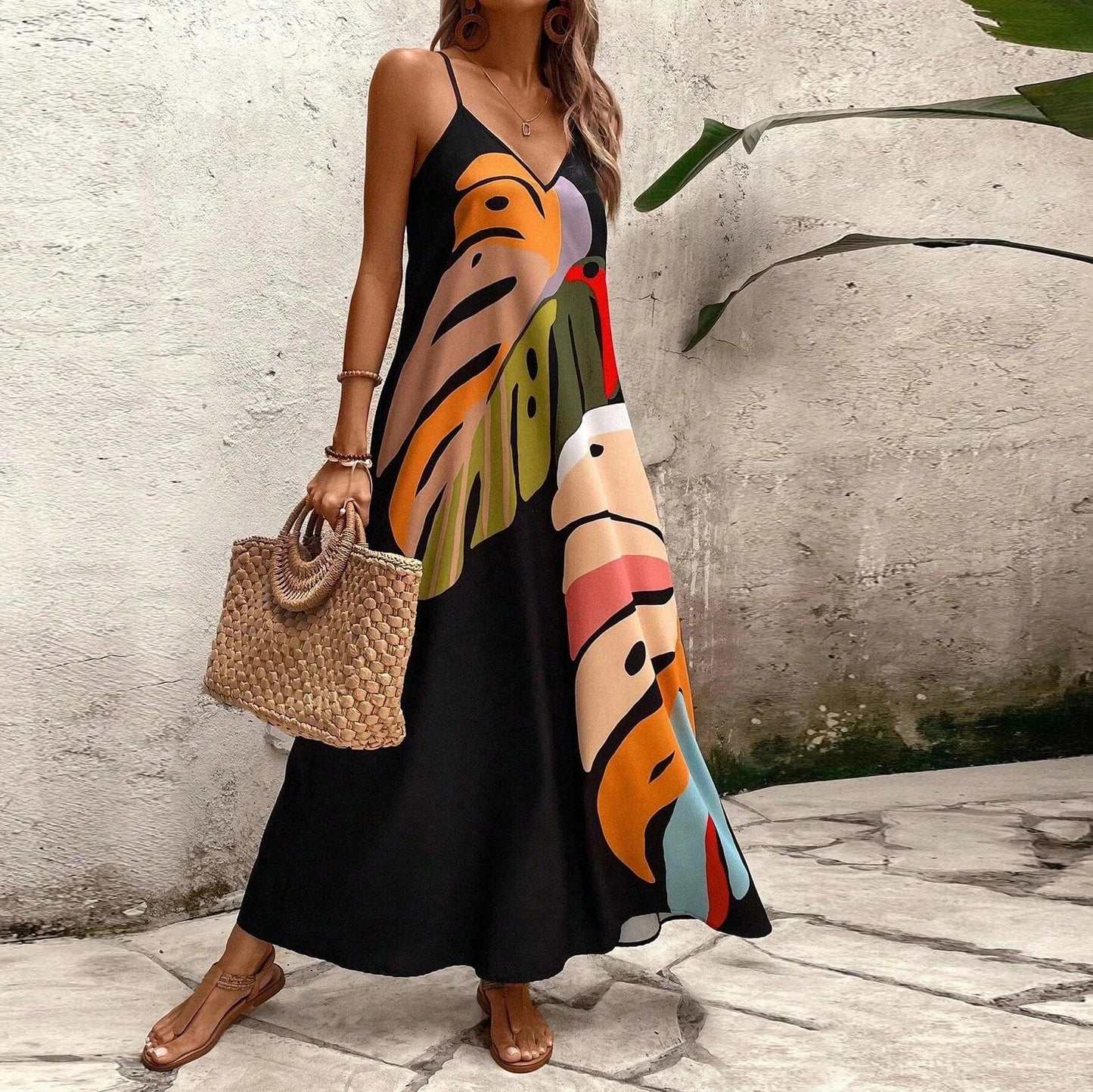 Women's summer ultra long halter dress, stylish color leaf print, V-neck sleeveless, side pocket, adjustable shoulder length, pe