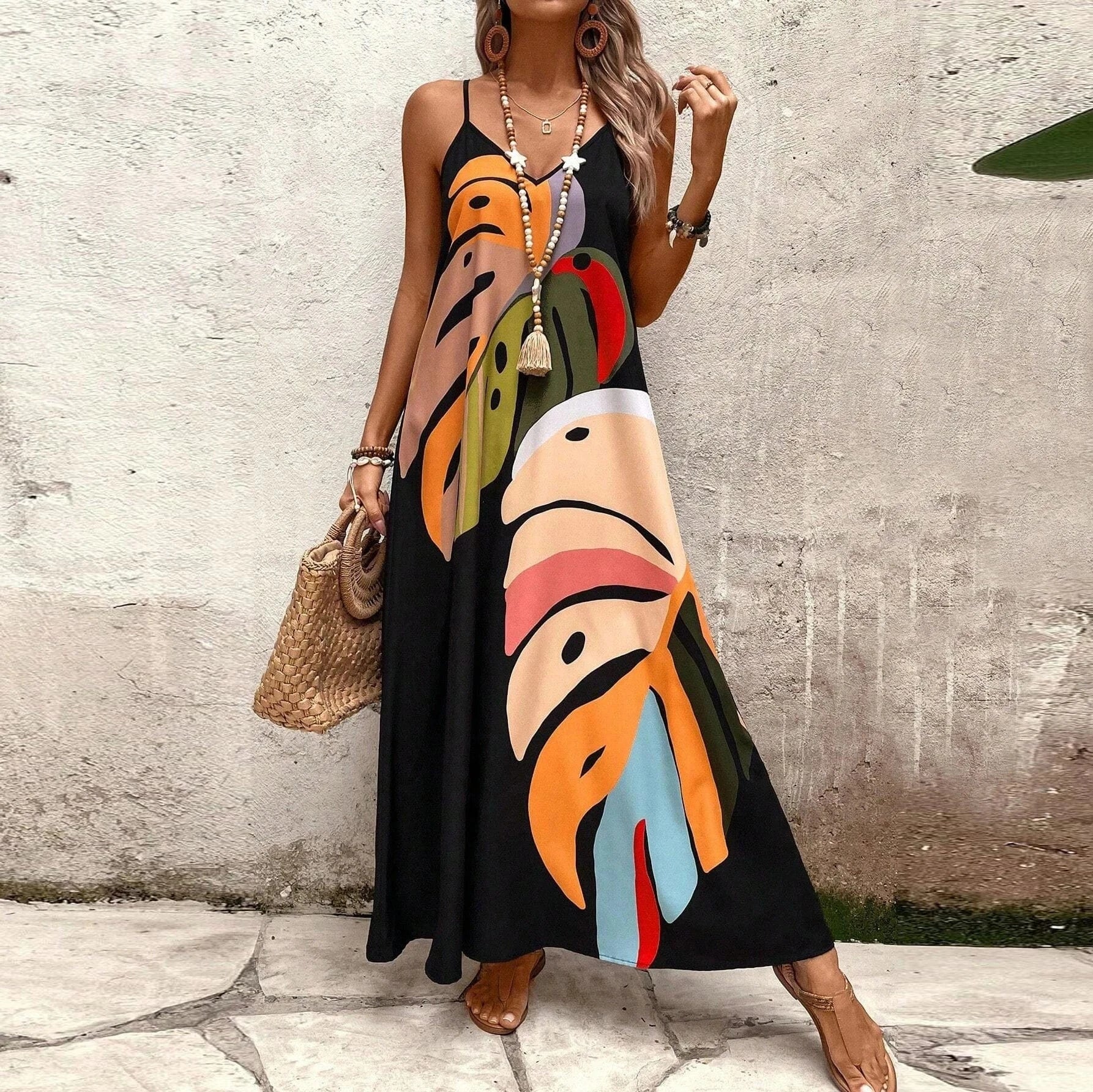 Women's summer ultra long halter dress, stylish color leaf print, V-neck sleeveless, side pocket, adjustable shoulder length, pe