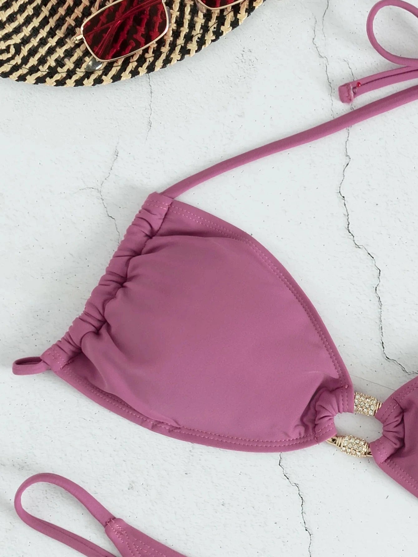 Women's Swimsuit Ring Diamond Sexy Bikini Crystal Strappy Solid Color Purple Swimwear Tankinis Set 2024 Beachwear