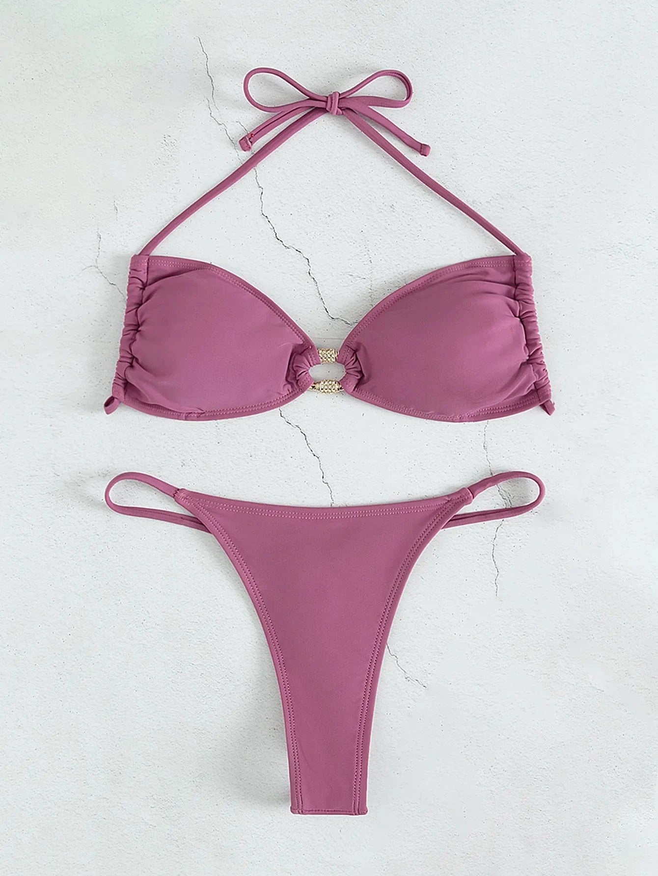 Women's Swimsuit Ring Diamond Sexy Bikini Crystal Strappy Solid Color Purple Swimwear Tankinis Set 2024 Beachwear