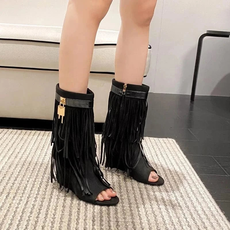 Women's Tassel High wedge Heels Short Booties Summer Peep Toe Ankle Boots Shark Lock Fringes Retro Sandals
