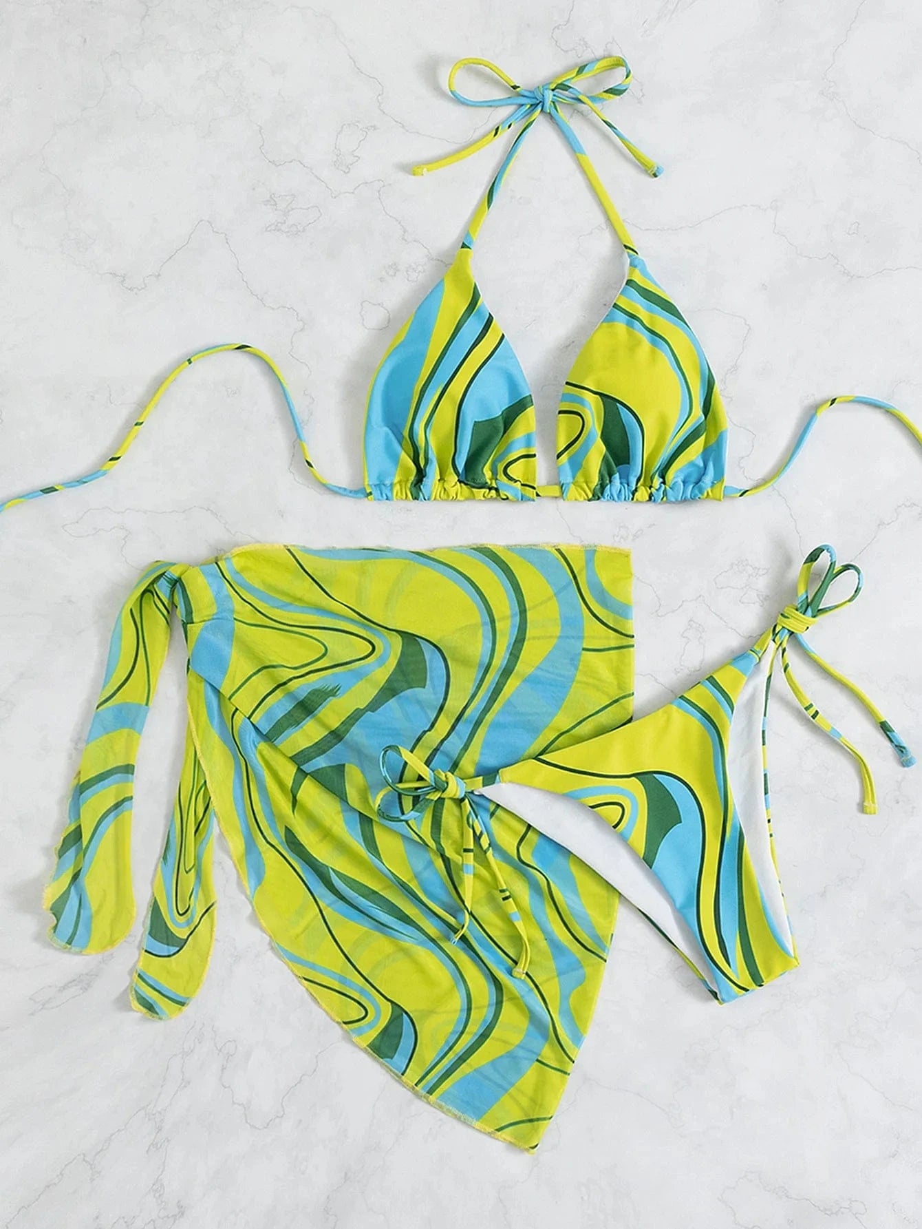 Women's Three Piece Swimsuit Leaf Print Bandage Halter Top with Skirt Beachwear And Cover Up Halter Print Micro Bikini 2024