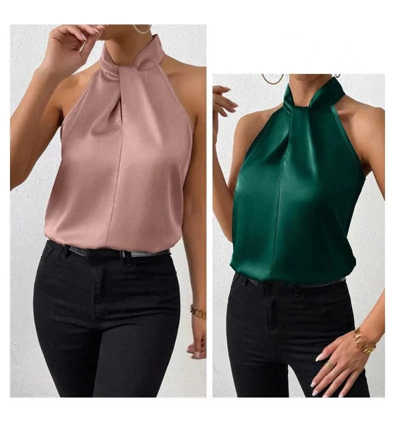 Women's Tops 2025 Summer New European and American Clothes Satin Halter Sleeveless Vest Sexy Commuting Satin Simulated Silk Top