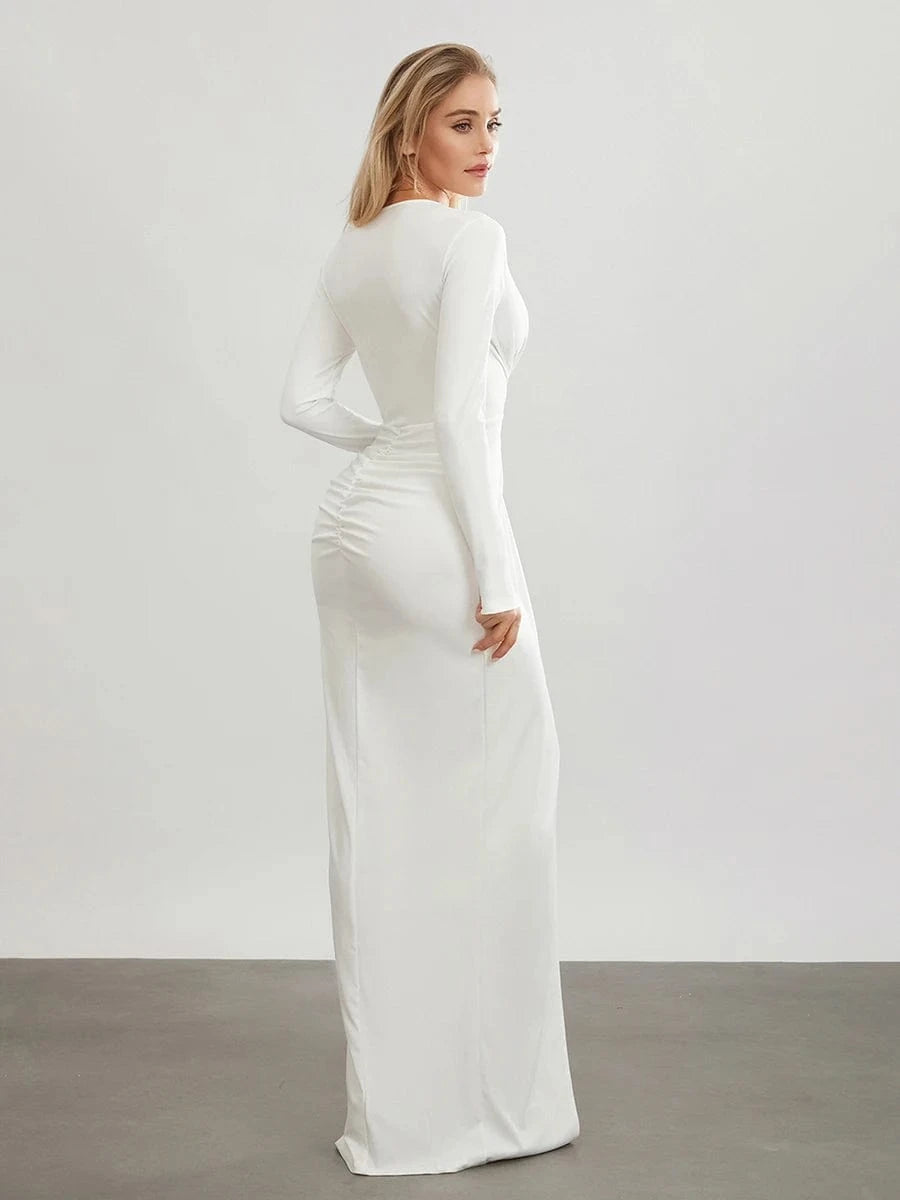 Women's Twist Front Party Dress Elegant Long Sleeve Deep V Neck Bodycon Long Dresses Female Solid Color Formal Evening Gown