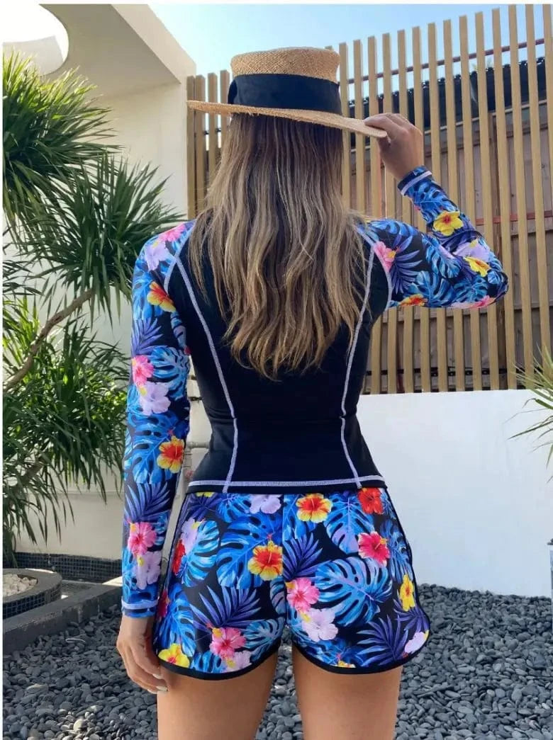 Women's Two Piece Swimwear Split Sunscreen Surfing Swimsuit Flat Angle Shorts+Long-Sleeve Printed Bikini Diving Clothes 2024