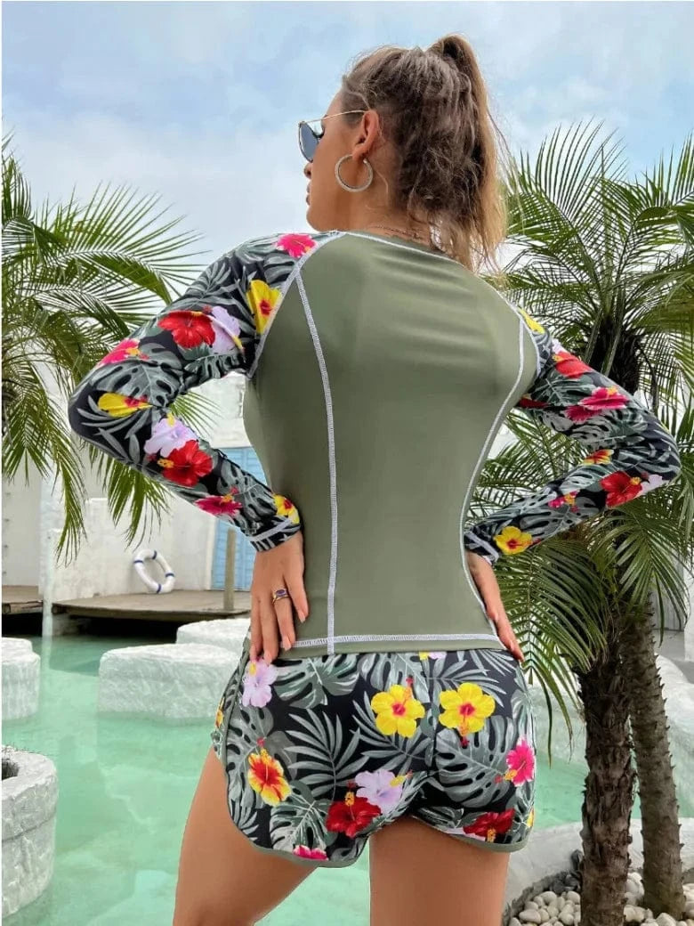 Women's Two Piece Swimwear Split Sunscreen Surfing Swimsuit Flat Angle Shorts+Long-Sleeve Printed Bikini Diving Clothes 2024