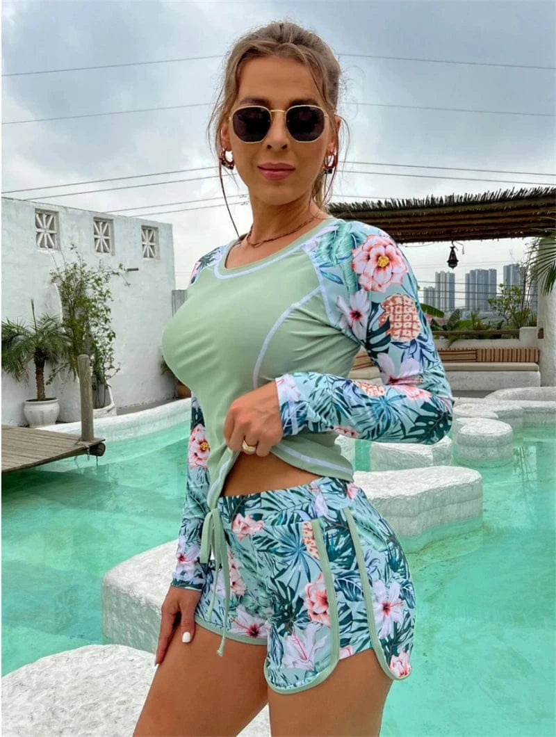 Women's Two Piece Swimwear Split Sunscreen Surfing Swimsuit Flat Angle Shorts+Long-Sleeve Printed Bikini Diving Clothes 2024