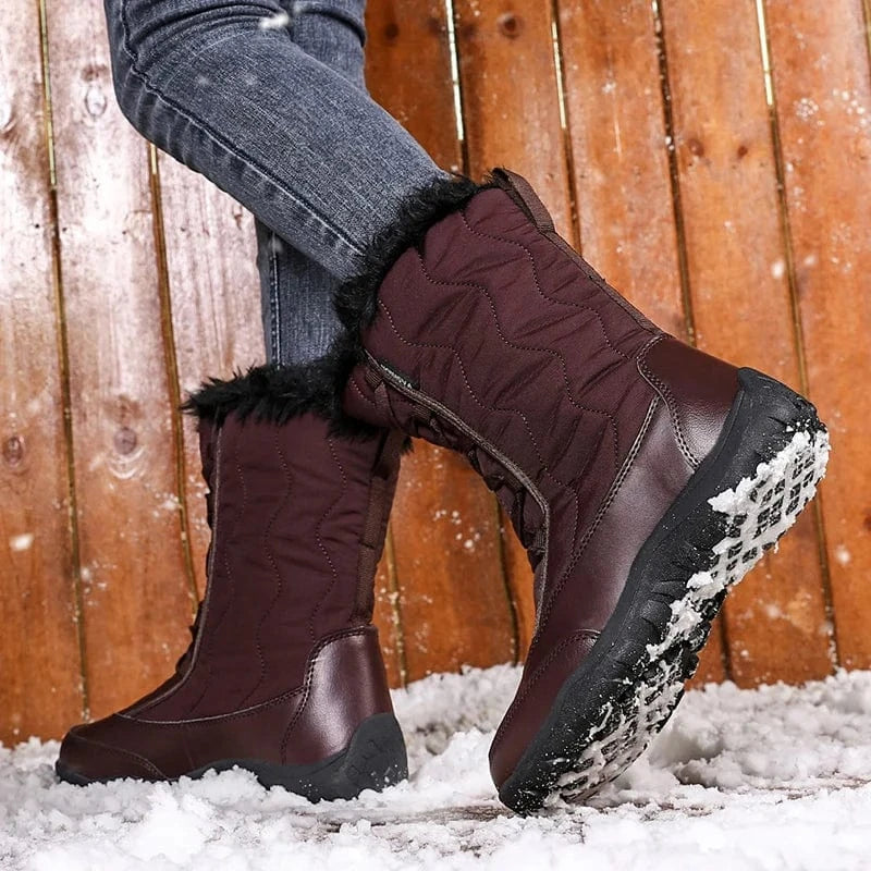 Women's Warm Waterproof Cold-Resistant Furry Collar Outdoor Mid Calf Easy Wear Lace-up Winter Snow Boots