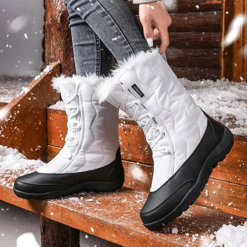 Women's Warm Waterproof Cold-Resistant Furry Collar Outdoor Mid Calf Easy Wear Lace-up Winter Snow Boots