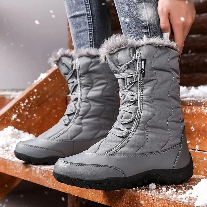 Women's Warm Waterproof Cold-Resistant Furry Collar Outdoor Mid Calf Easy Wear Lace-up Winter Snow Boots