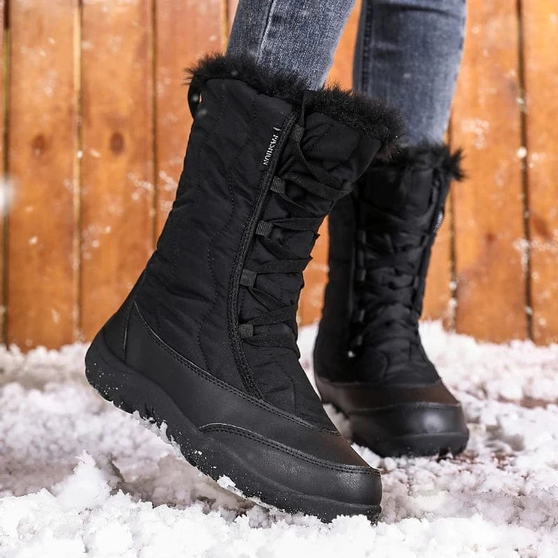 Women's Warm Waterproof Cold-Resistant Furry Collar Outdoor Mid Calf Easy Wear Lace-up Winter Snow Boots