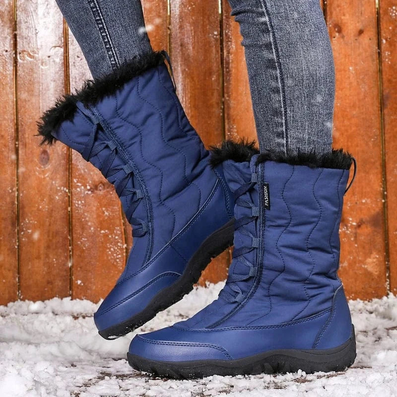 Women's Warm Waterproof Cold-Resistant Furry Collar Outdoor Mid Calf Easy Wear Lace-up Winter Snow Boots