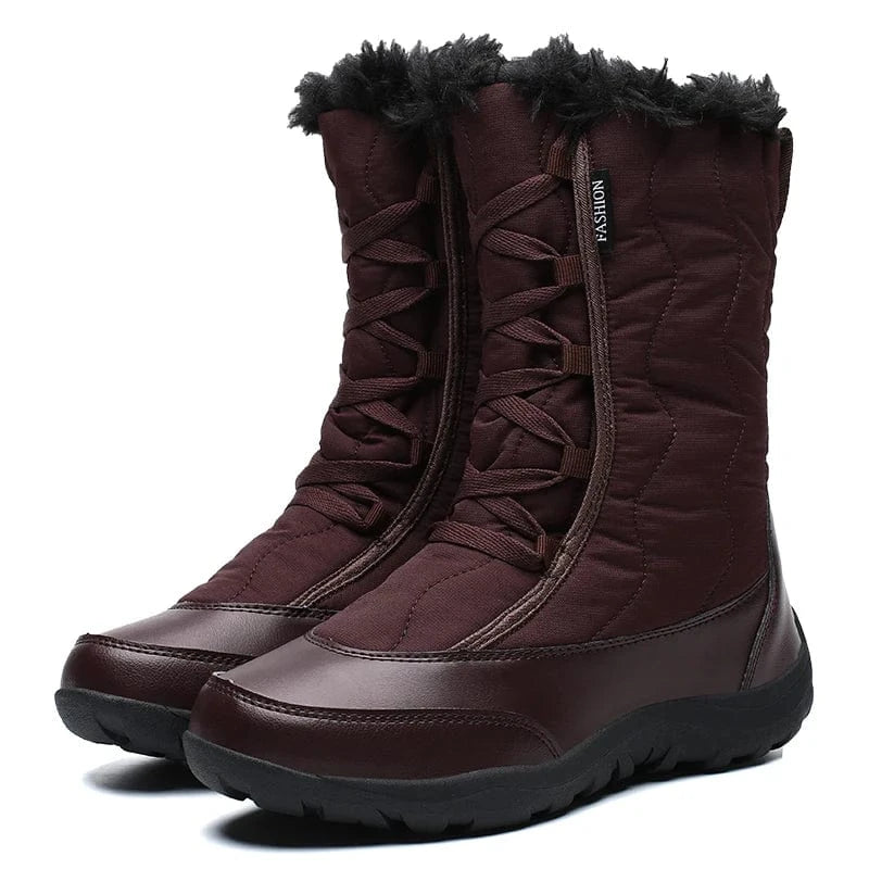 Women's Warm Waterproof Cold-Resistant Furry Collar Outdoor Mid Calf Easy Wear Lace-up Winter Snow Boots