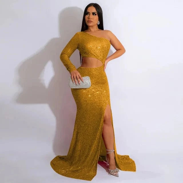 Women Sequined One Shoulder Long Sleeve Cutout Waist High Slit Maxi Long Bodycon Midi Dress 2023 Evening Party Dresses