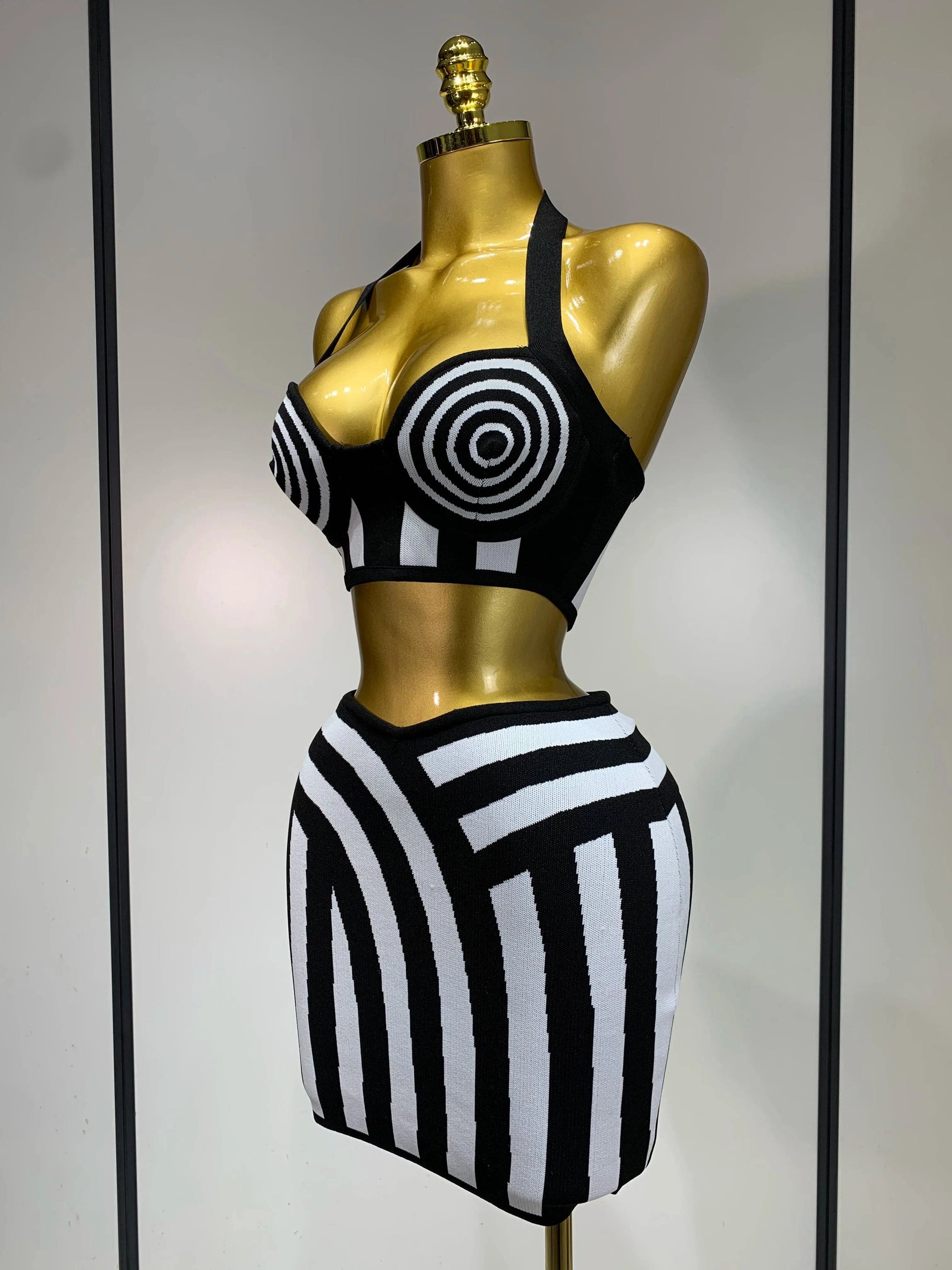 Women Sexy Backless Halter Striped Bandage Skirt Two Piece Set 2025 Knitted Celebrity Elegant Evening Birthday Party Dresses