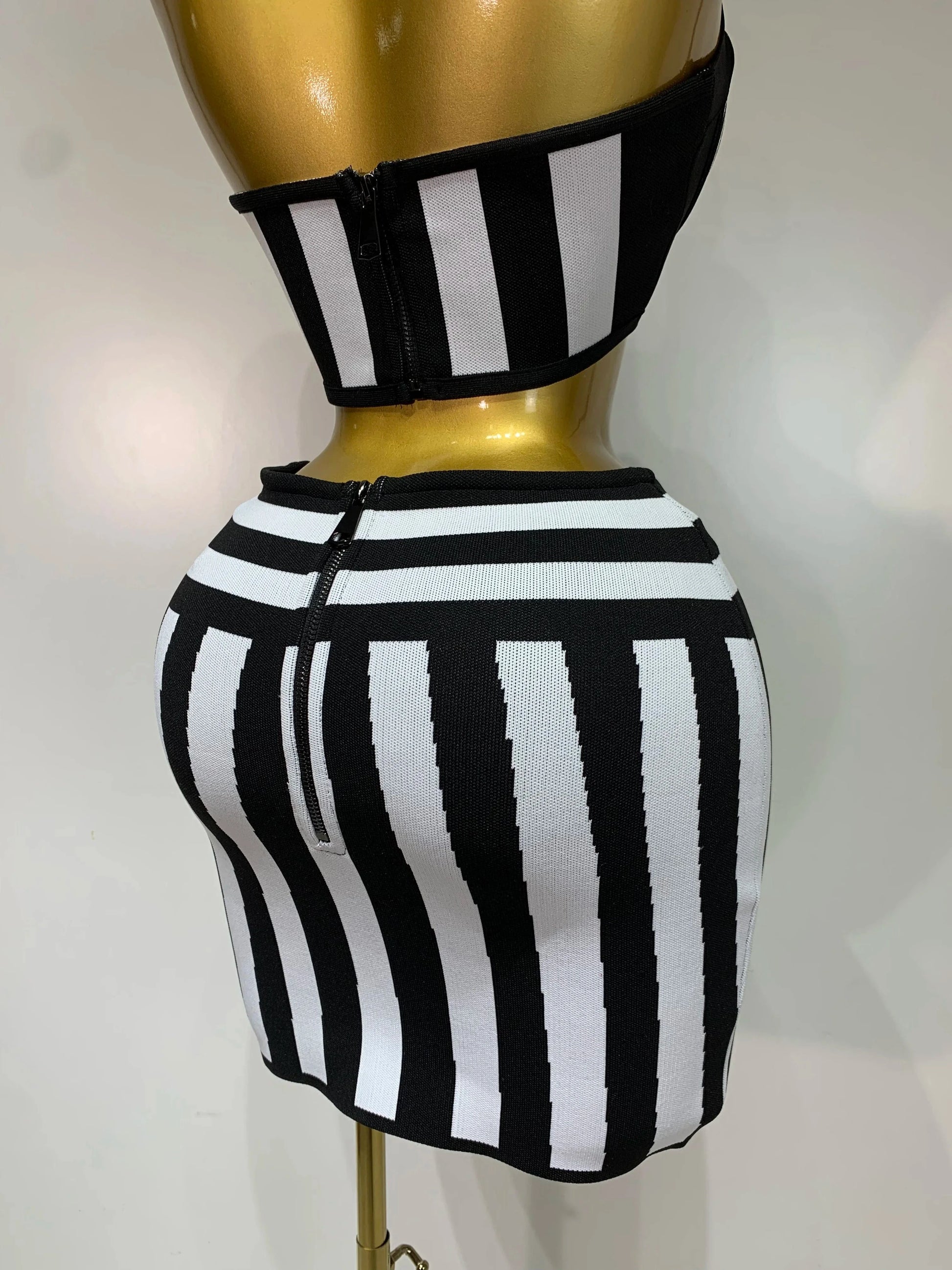 Women Sexy Backless Halter Striped Bandage Skirt Two Piece Set 2025 Knitted Celebrity Elegant Evening Birthday Party Dresses