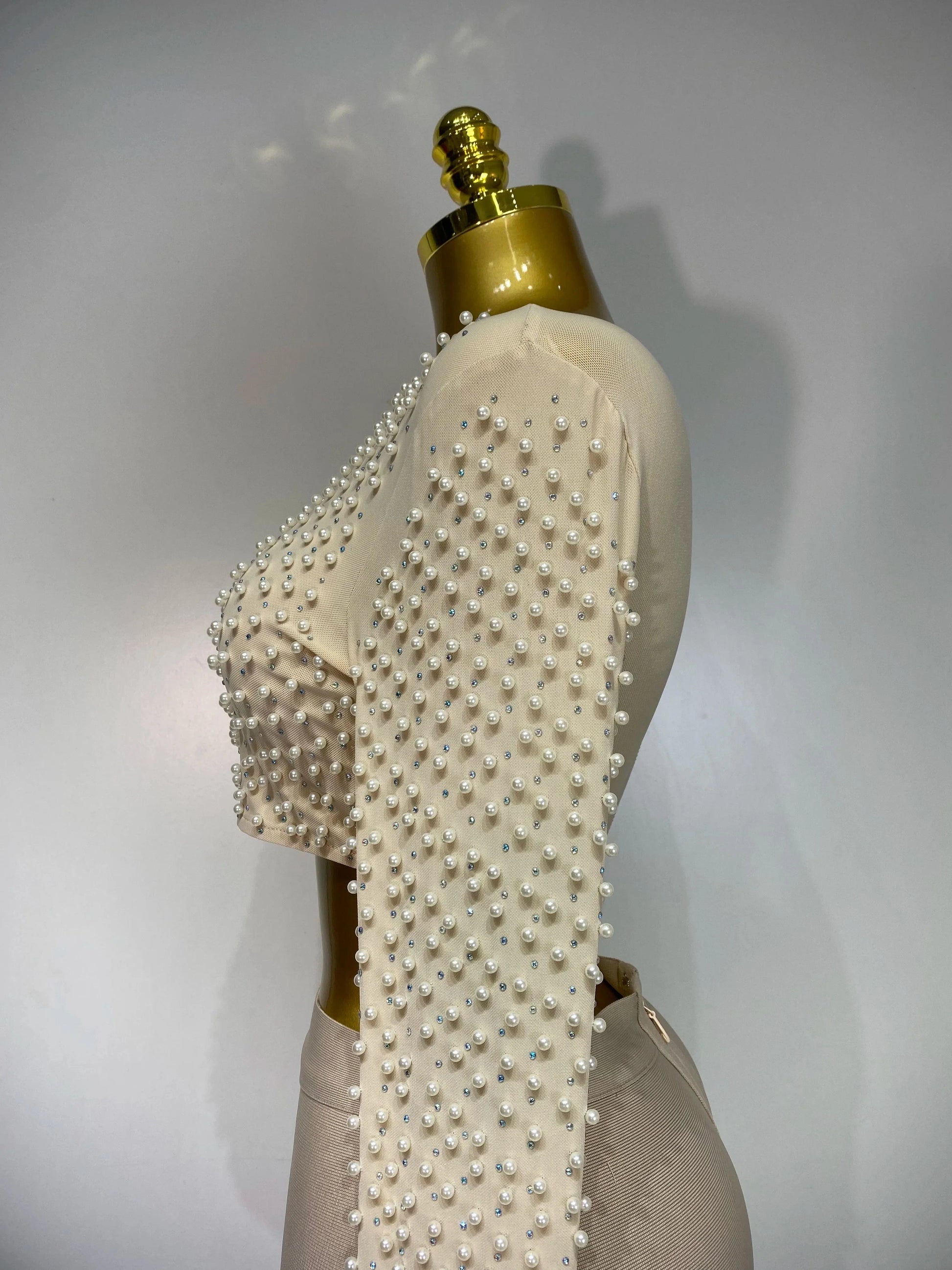 Women Sexy Long Sleeve Mesh Pearl Top Celebrity Midi Women Bandage Set 2025 Designer Evening Party Luxury Birthday Two Piece Set