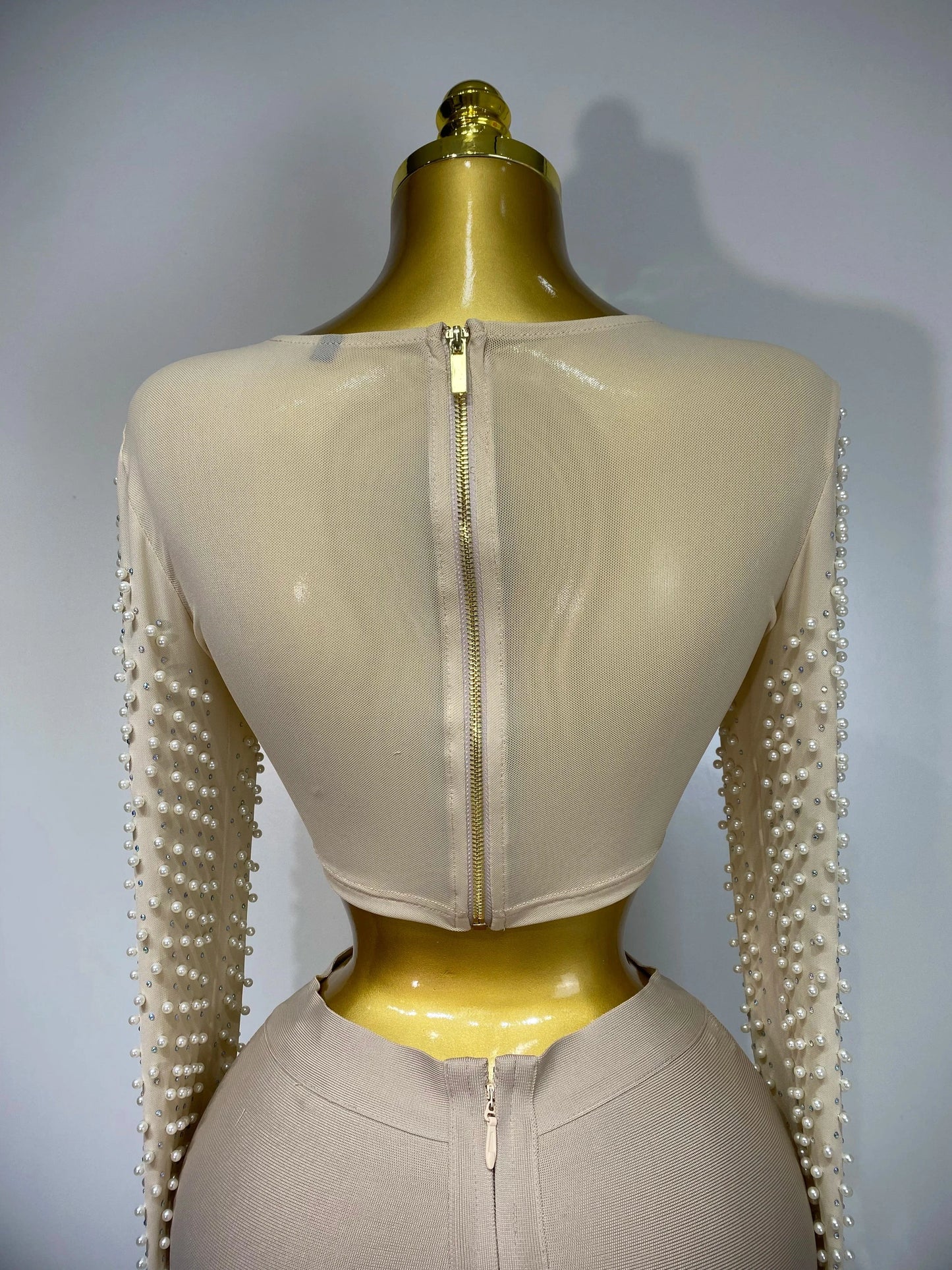 Women Sexy Long Sleeve Mesh Pearl Top Celebrity Midi Women Bandage Set 2025 Designer Evening Party Luxury Birthday Two Piece Set