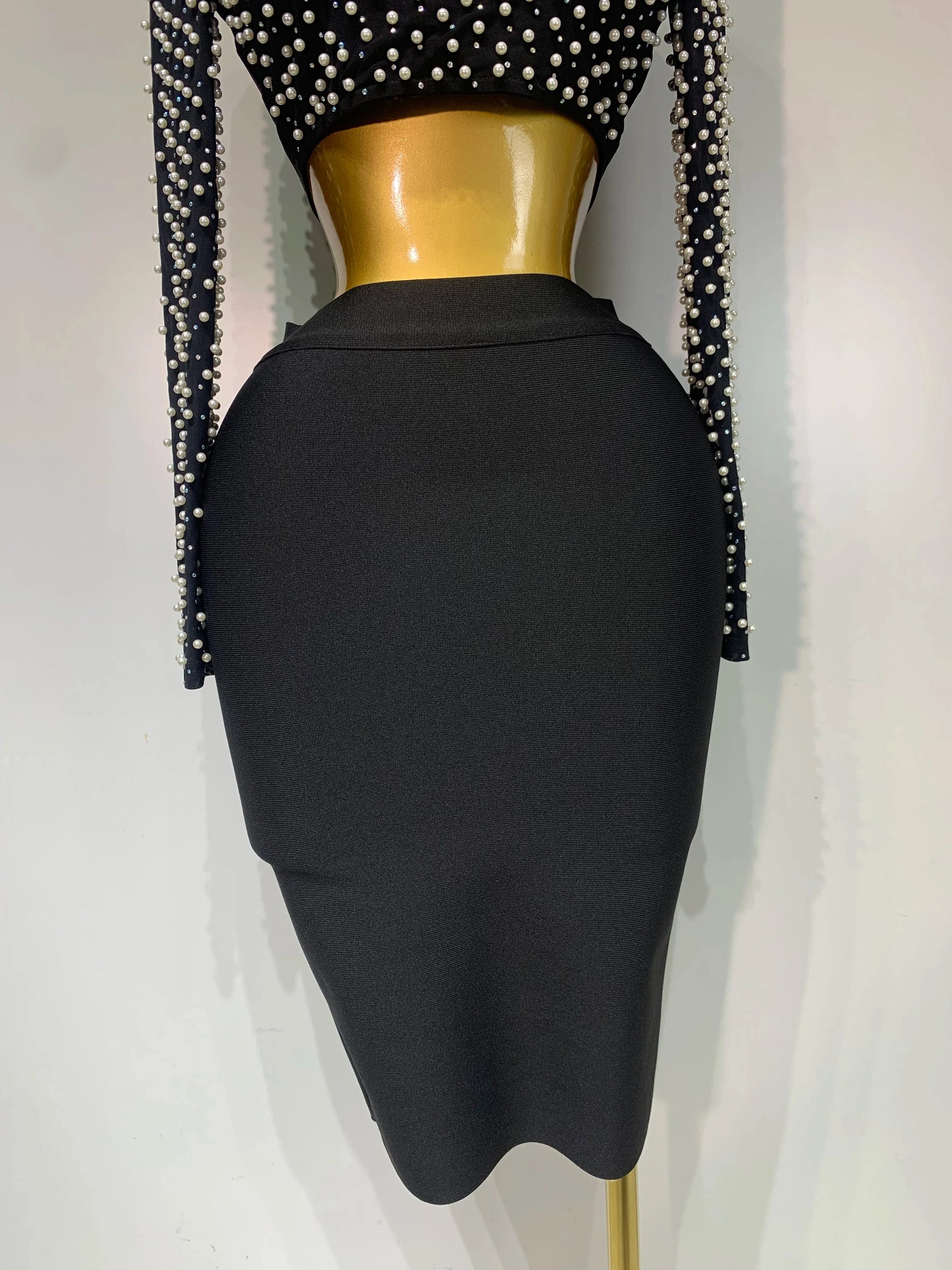 Women Sexy Long Sleeve Mesh Pearl Top Celebrity Midi Women Bandage Set 2025 Designer Evening Party Luxury Birthday Two Piece Set