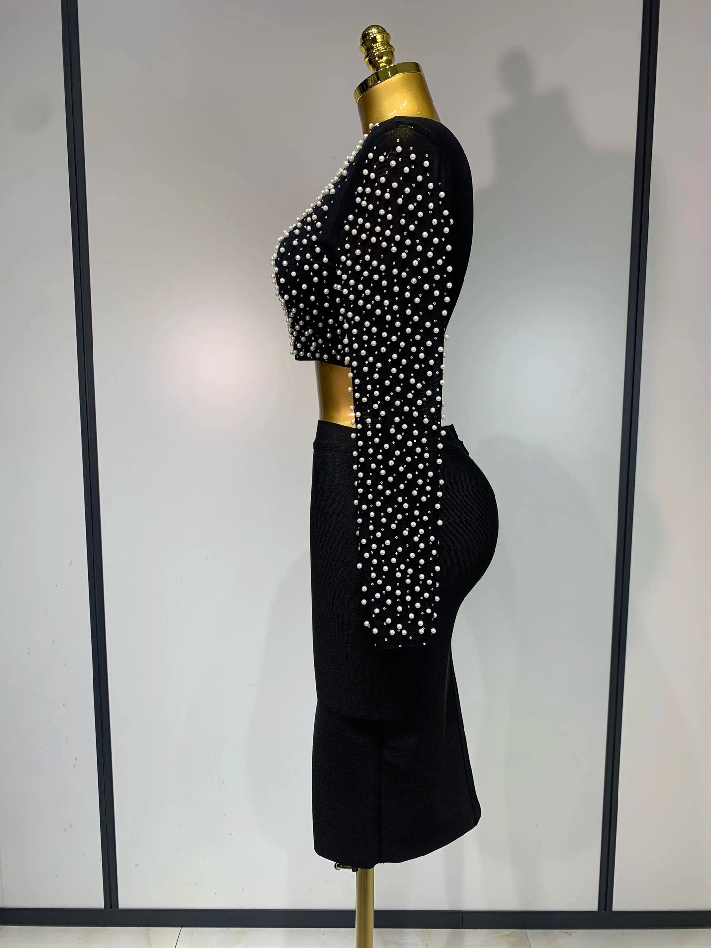 Women Sexy Long Sleeve Mesh Pearl Top Celebrity Midi Women Bandage Set 2025 Designer Evening Party Luxury Birthday Two Piece Set