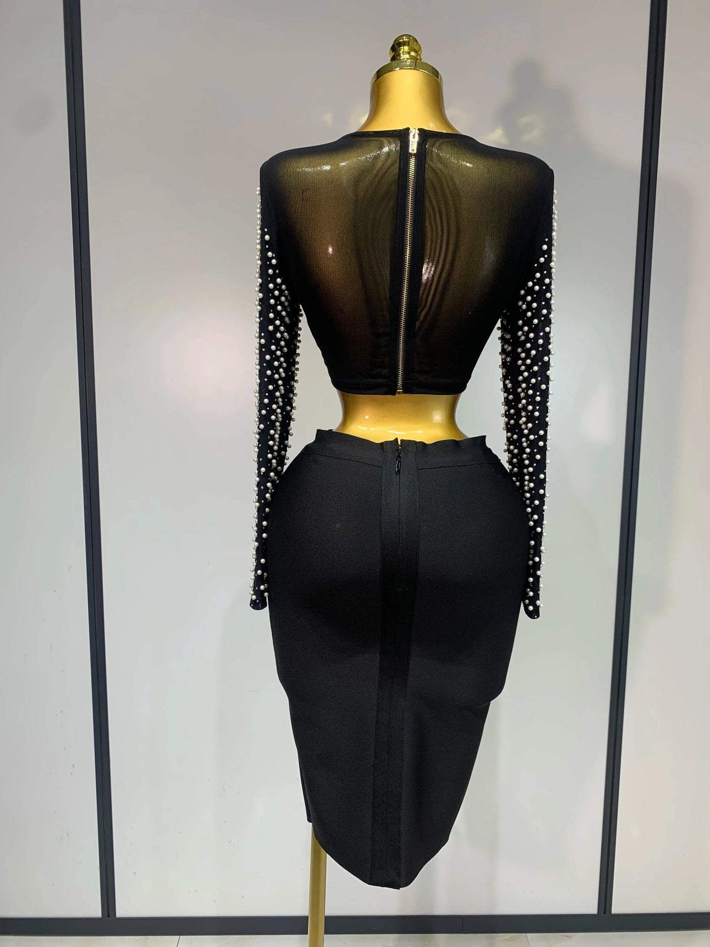 Women Sexy Long Sleeve Mesh Pearl Top Celebrity Midi Women Bandage Set 2025 Designer Evening Party Luxury Birthday Two Piece Set