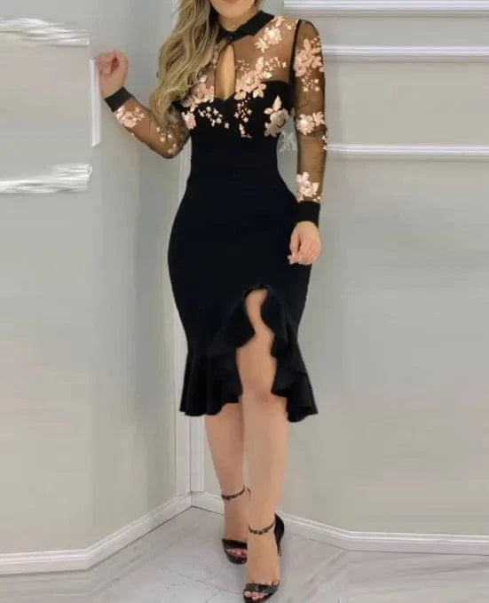 Women Sexy See-Through Mesh Dress Patchwork Ruffles Floral Dress Long Sleeve Party Slim Dress Elegent Daily Wear
