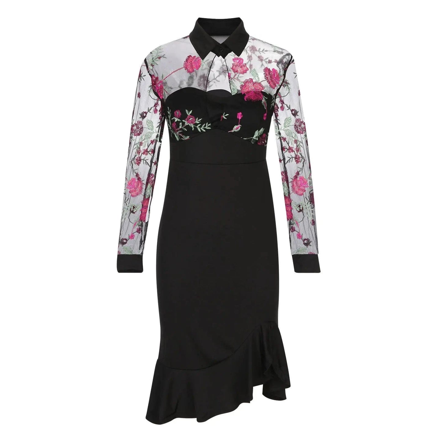 Women Sexy See-Through Mesh Dress Patchwork Ruffles Floral Dress Long Sleeve Party Slim Dress Elegent Daily Wear