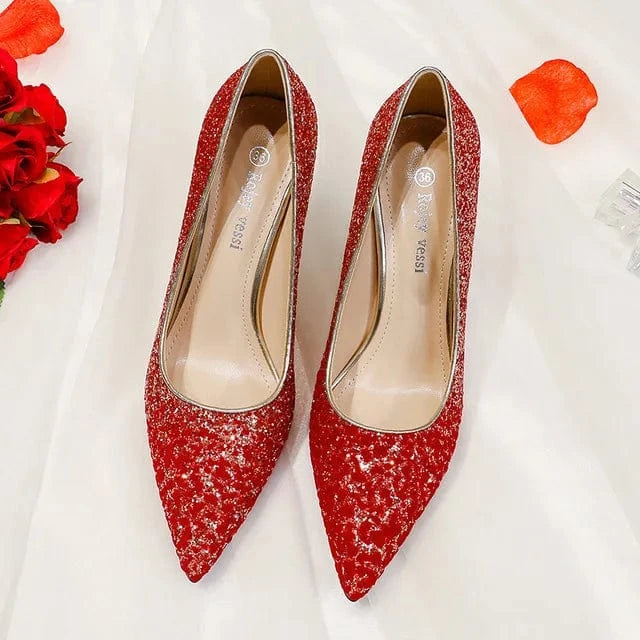 Women Sexy Sequined Stiletto Pointed Toe High Heels New Fashion Ladies Bridal Wedding Shoes Red Pump Heels