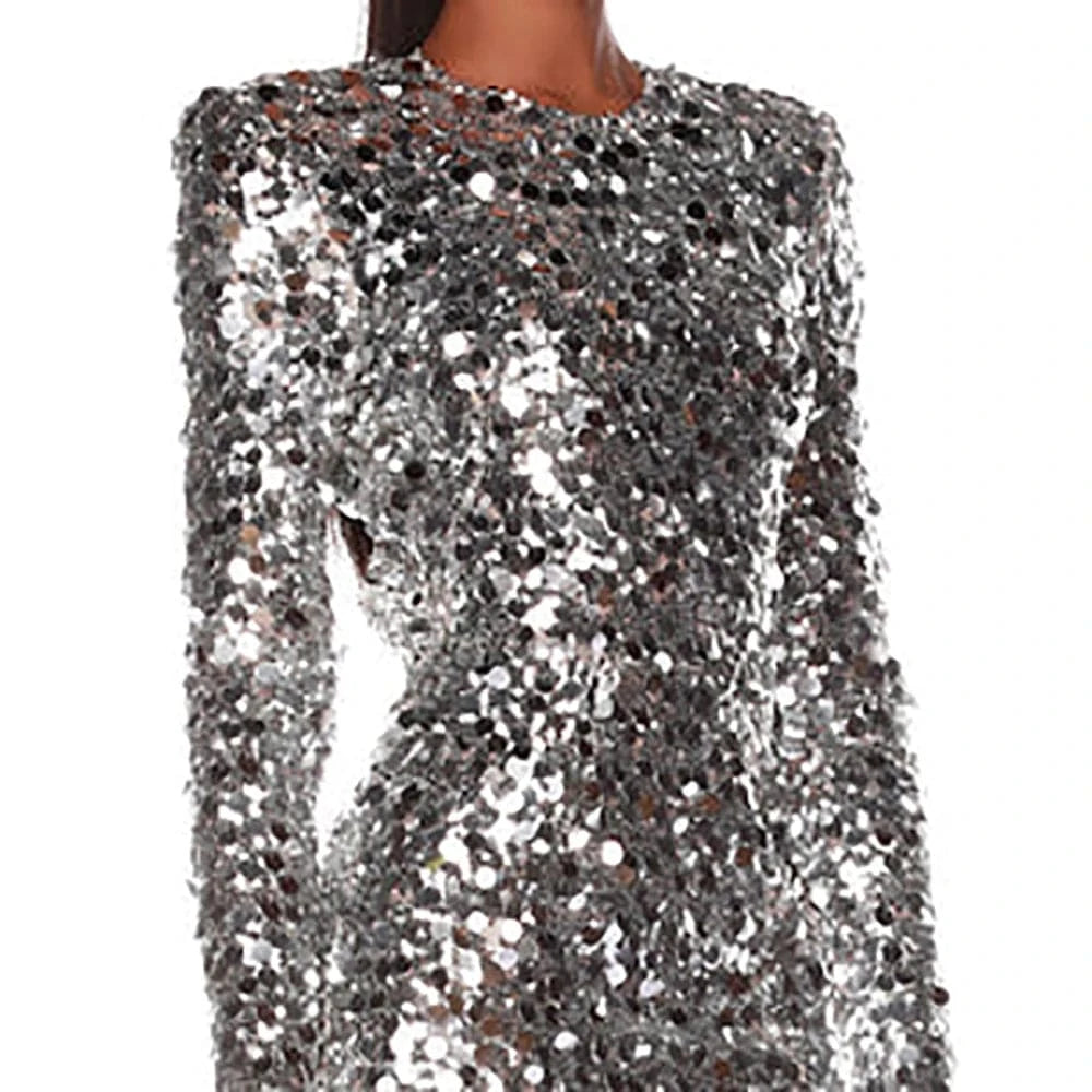 Women sexy silver sequin round neck back hollowed out high slit long sleeve floor-length dress luxury style evening dress