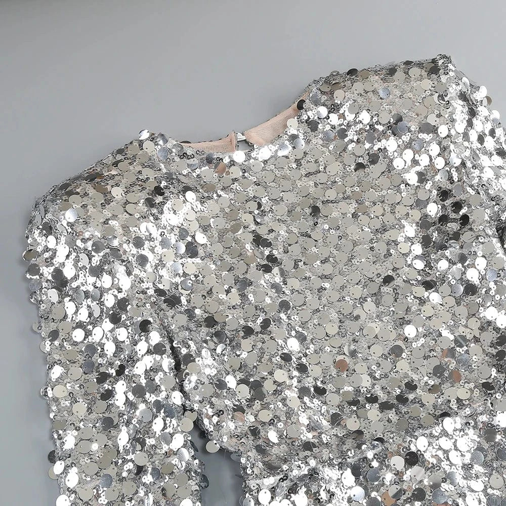 Women sexy silver sequin round neck back hollowed out high slit long sleeve floor-length dress luxury style evening dress