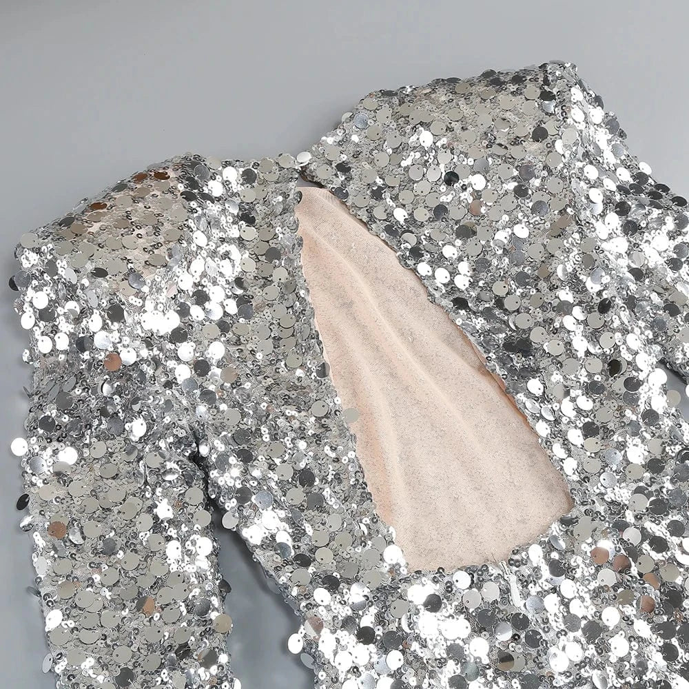 Women sexy silver sequin round neck back hollowed out high slit long sleeve floor-length dress luxury style evening dress