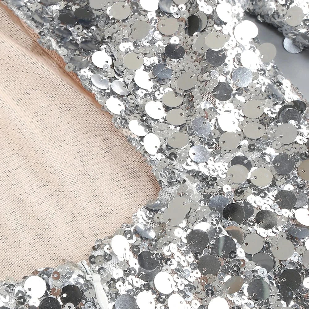 Women sexy silver sequin round neck back hollowed out high slit long sleeve floor-length dress luxury style evening dress