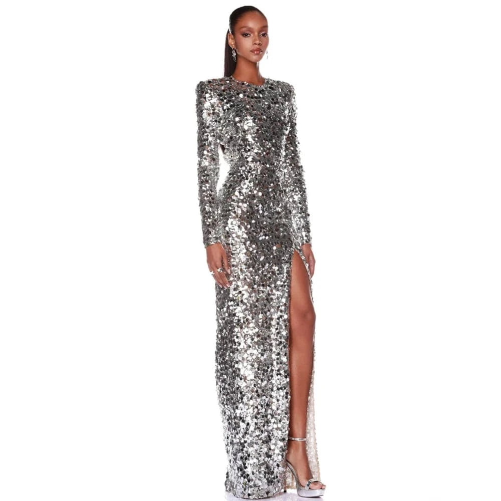 Women sexy silver sequin round neck back hollowed out high slit long sleeve floor-length dress luxury style evening dress