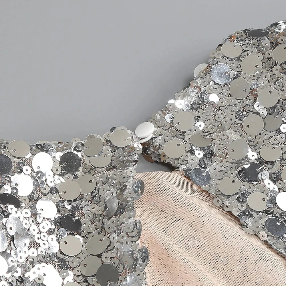 Women sexy silver sequin round neck back hollowed out high slit long sleeve floor-length dress luxury style evening dress