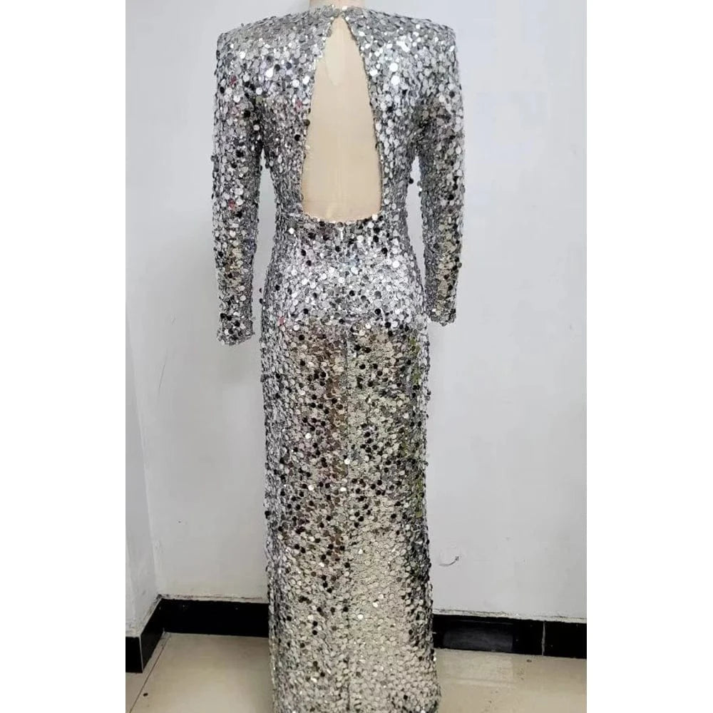 Women sexy silver sequin round neck back hollowed out high slit long sleeve floor-length dress luxury style evening dress