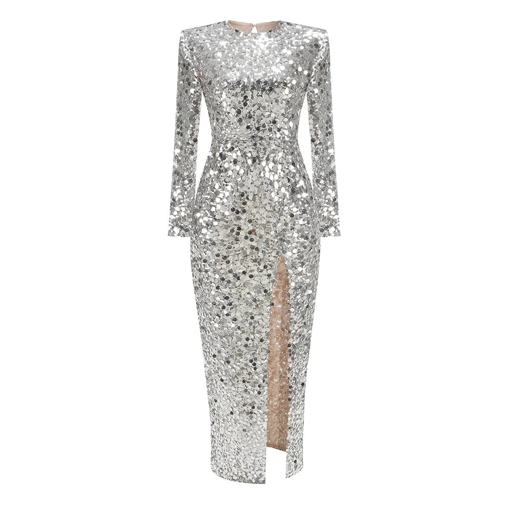 Women sexy silver sequin round neck back hollowed out high slit long sleeve floor-length dress luxury style evening dress