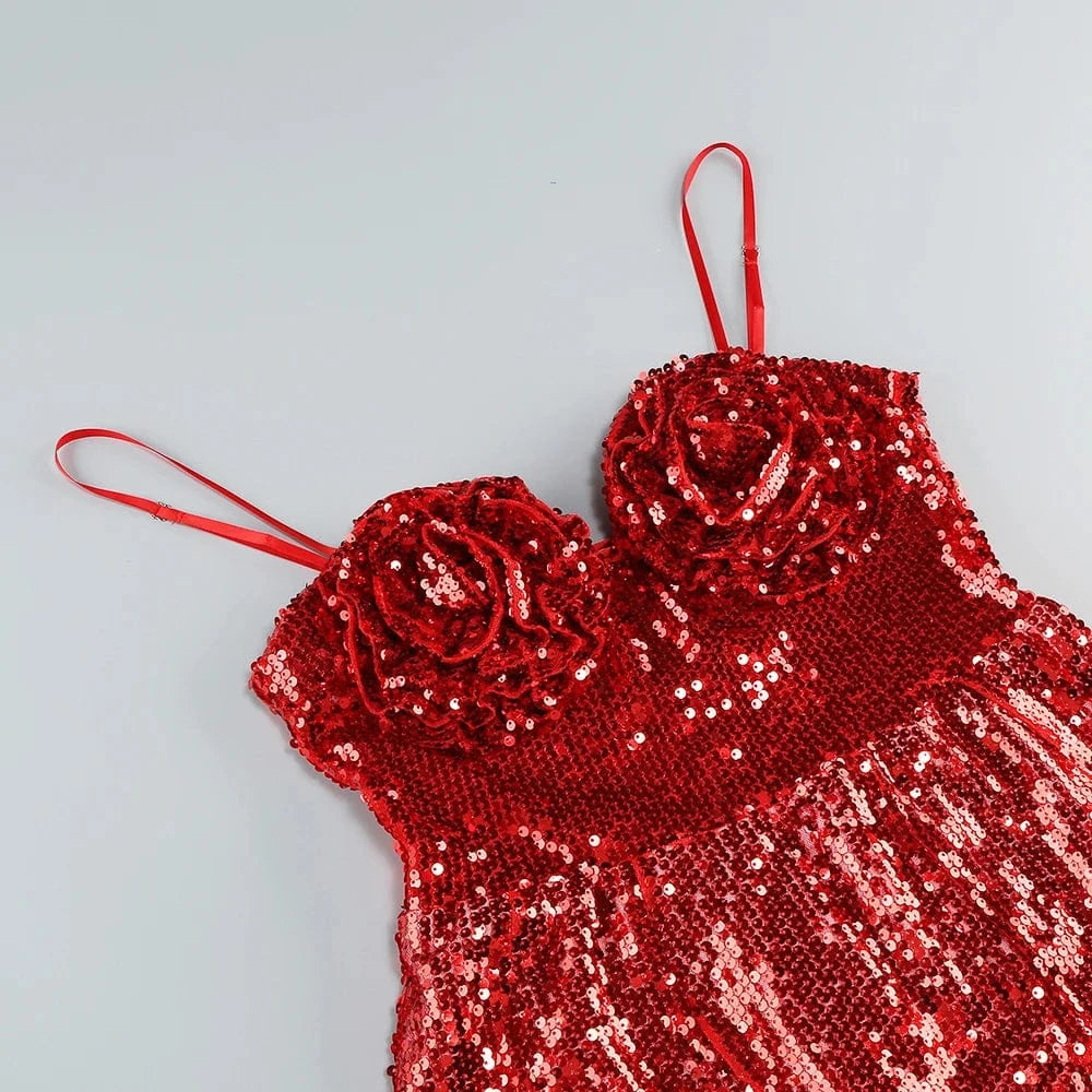 Women Sexy Sleeveless Slip Mini Dress Sparkly Sequins Red Bandage Dress Elegant Evening Party Female Fashion Style