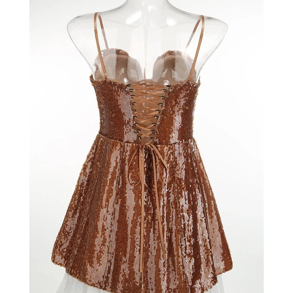 Women Sexy Sleeveless Slip Mini Dress Sparkly Sequins Red Bandage Dress Elegant Evening Party Female Fashion Style