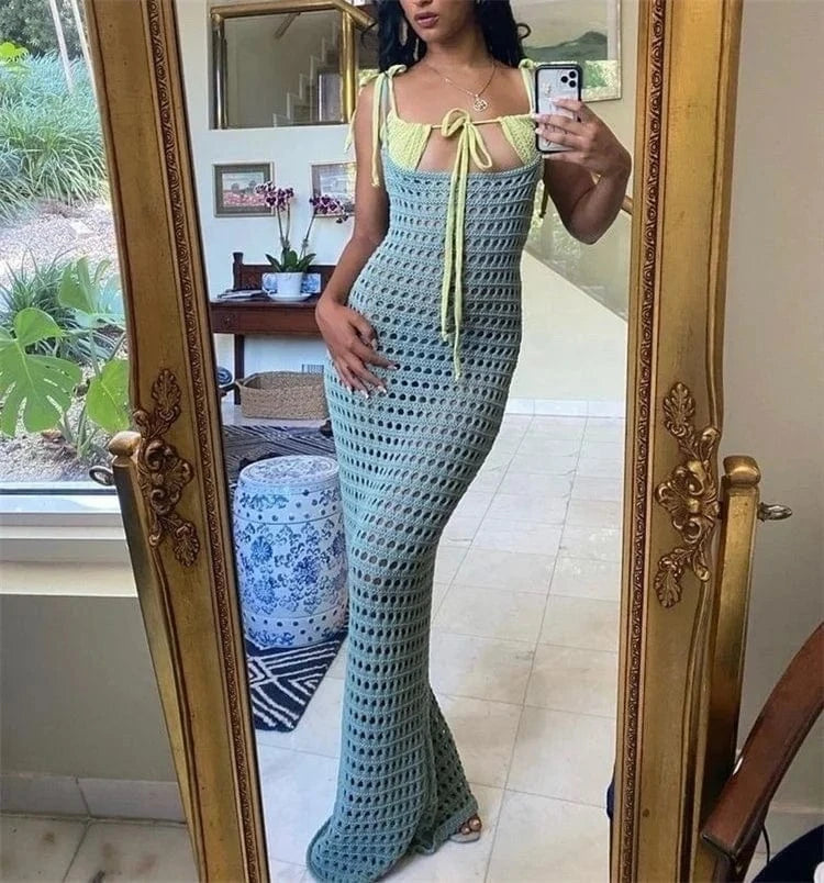 Women Sexy Transparent Hollow Out Crochet Bikini Cover Up Long Sleeve Beachwear Bathing Suits Dress