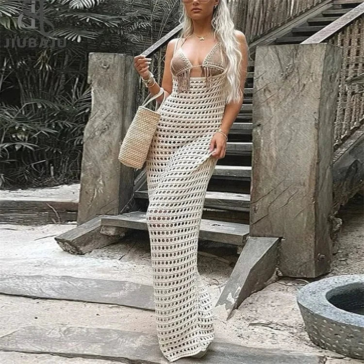 Women Sexy Transparent Hollow Out Crochet Bikini Cover Up Long Sleeve Beachwear Bathing Suits Dress